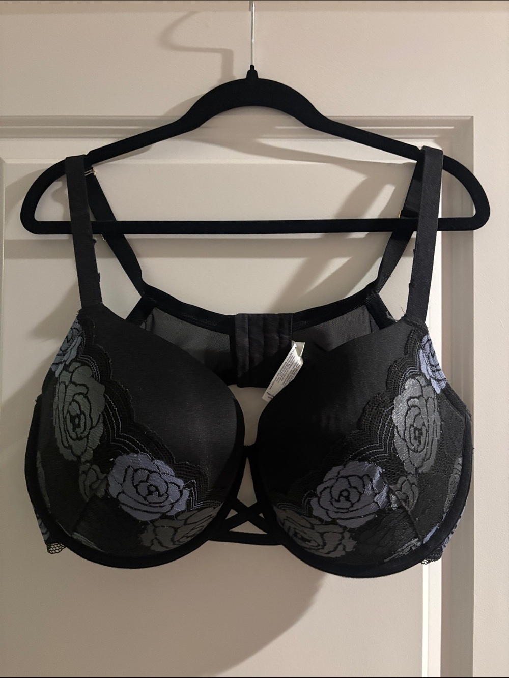 Cacique Black Bra with Blue-Gray Floral Lace